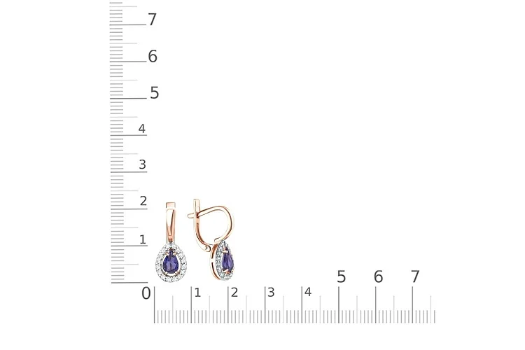 Серьги из красного золота с 2 иолитами и 32 фианитами