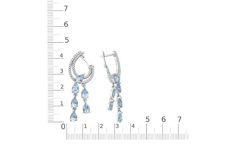 Серьги из белого золота с 12 топазами sky и 90 фианитами