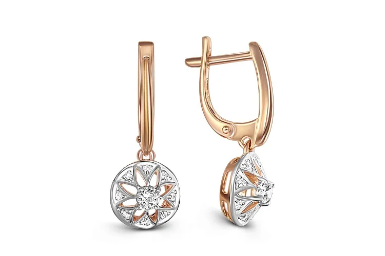 Серьги Цветы из красного золота с 18 фианитами