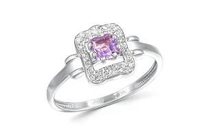 Кольцо из белого золота с аметистом и 30 фианитами