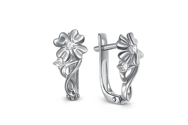 Серьги Цветы из белого золота с 4 фианитами