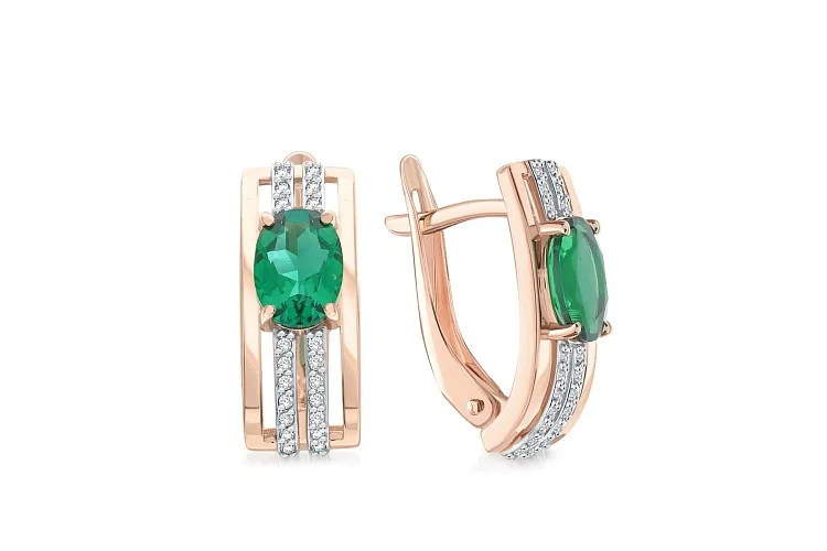 Серьги из красного золота с 2 изумрудами и 40 фианитами