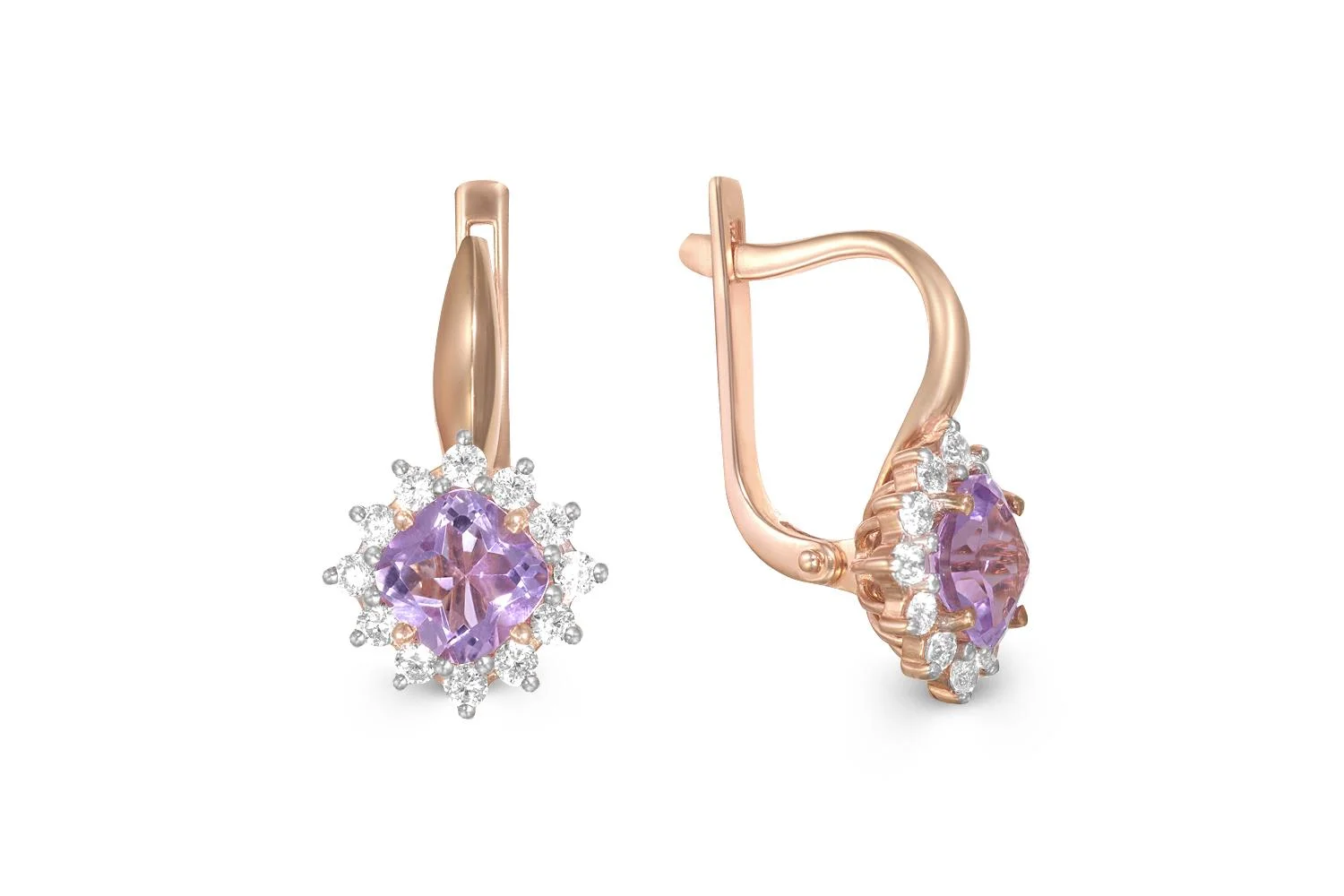 Серьги из красного золота с 2 аметистами и 24 фианитами