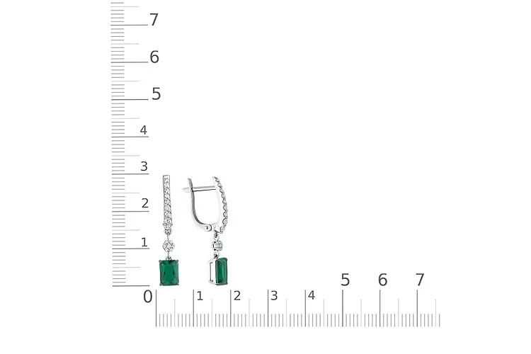 Серьги из белого золота с 2 изумрудами и 32 фианитами