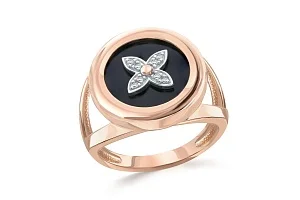 Кольцо Цветок из красного золота с ониксом и 8 фианитами