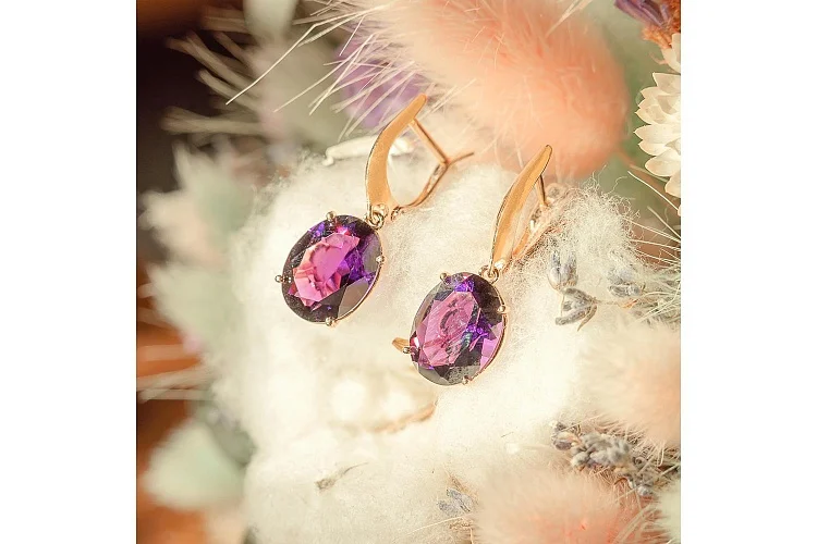 Серьги из красного золота с 2 кварцами