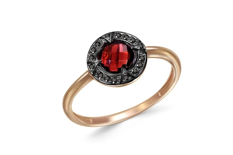 Кольцо из красного золота с гранатом и 16 фианитами