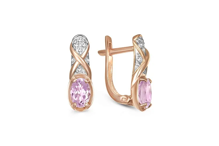 Серьги из красного золота с 2 ситаллами и 14 фианитами