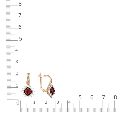 Серьги из красного золота с 2 гранатами и 24 фианитами
