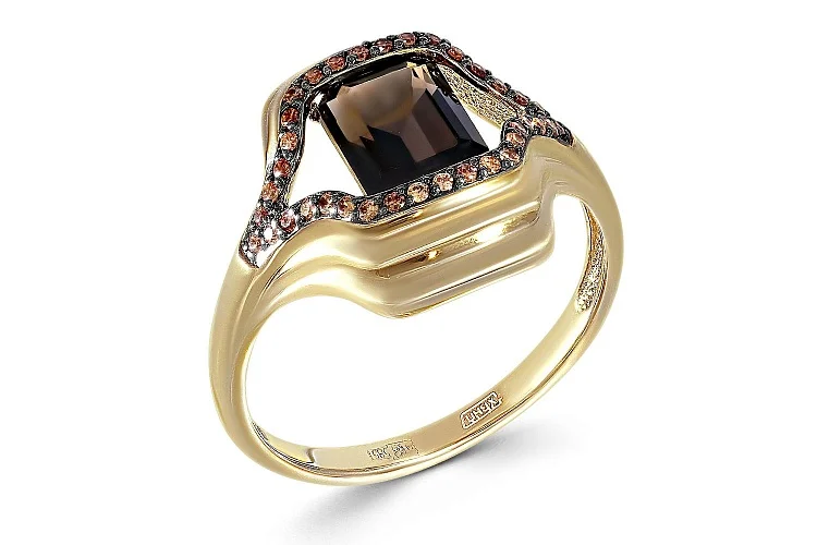 Кольцо из жёлтого золота с раухтопазом и 36 фианитами