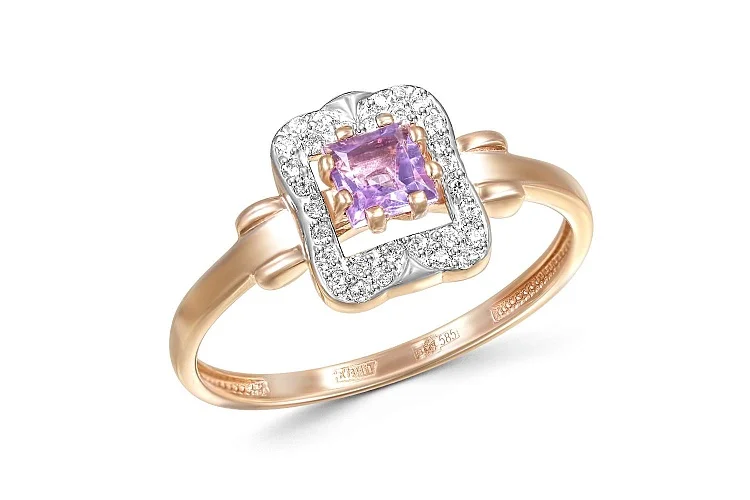 Кольцо из красного золота с аметистом и 30 фианитами