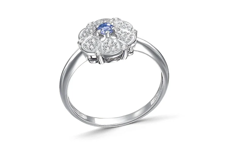 Кольцо Цветок из белого золота с танзанитом и 24 фианитами