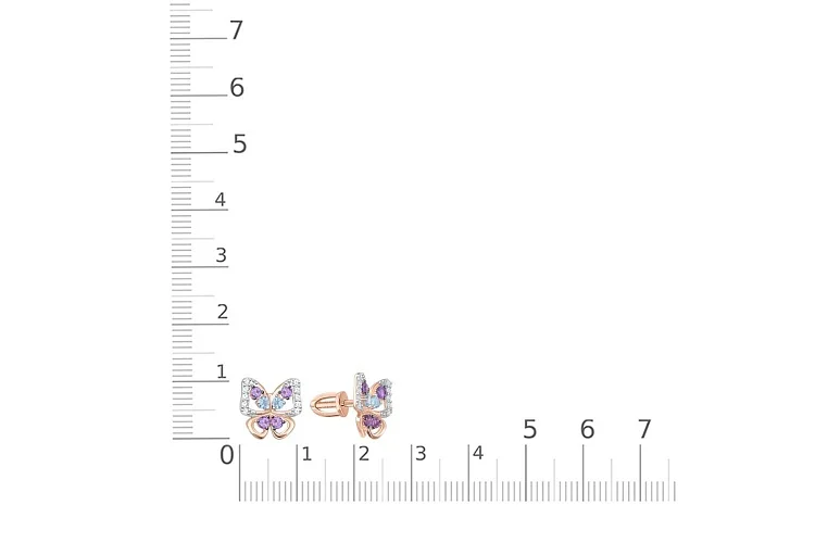 Серьги-пусеты Бабочки из красного золота с аметистами, топазами swiss и фианитами