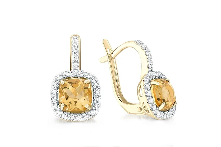 Серьги из жёлтого золота с 2 цитринами и 50 фианитами