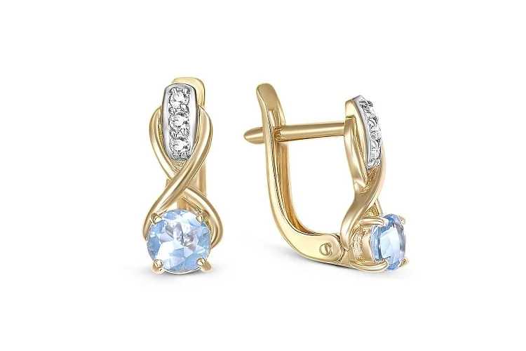 Серьги из жёлтого золота с 2 топазами sky и 6 фианитами
