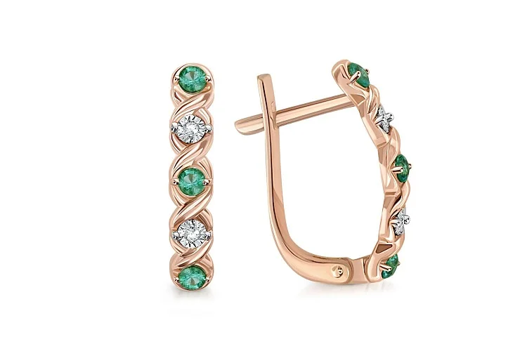 Серьги Дорожки из красного золота с 6 изумрудами и 4 бриллиантами