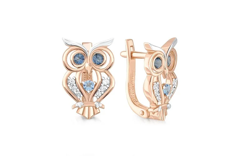 Серьги Совы из красного золота с топазами лондон, фианитами и топазами sky