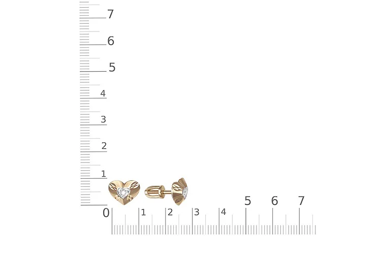 Серьги-пусеты Сердца из жёлтого золота с 2 фианитами