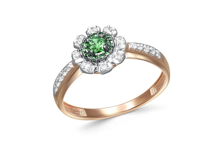 Кольцо Цветок из красного золота с 13 изумрудами и 18 бриллиантами