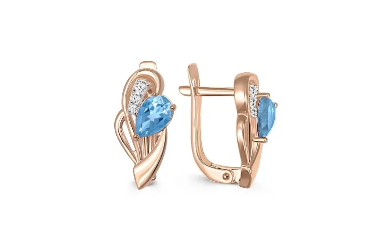 Серьги из красного золота с 2 топазами swiss и 6 фианитами