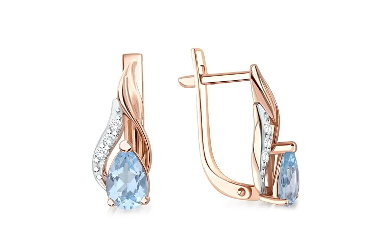 Серьги из красного золота с 2 топазами sky и 6 фианитами