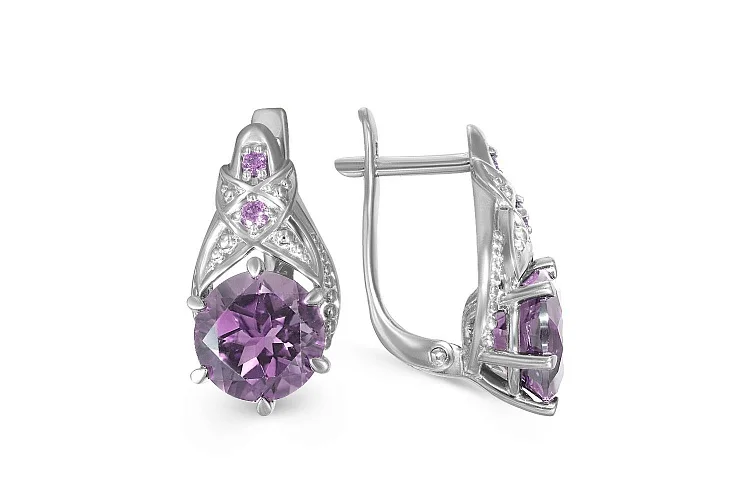 Серьги из белого золота с 2 аметистами и 4 фианитами