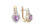 Серьги Сердца из красного золота с 2 аметистами и 54 фианитами