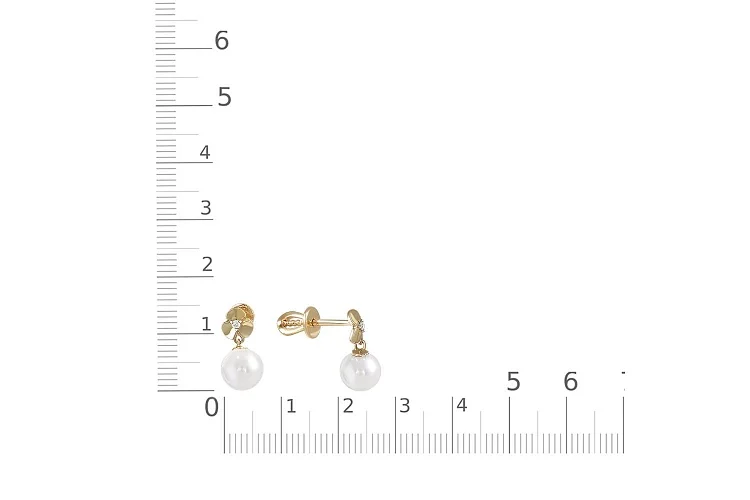 Серьги-пусеты Цветы из жёлтого золота с 2 жемчужинами и 2 фианитами