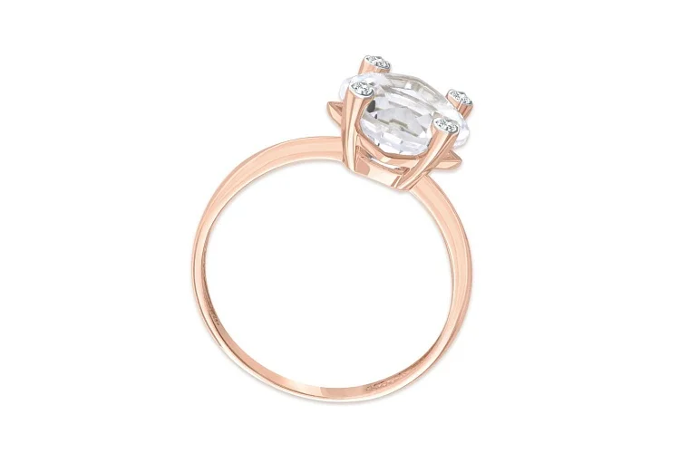 Кольцо из красного золота с горным хрусталём и 4 фианитами