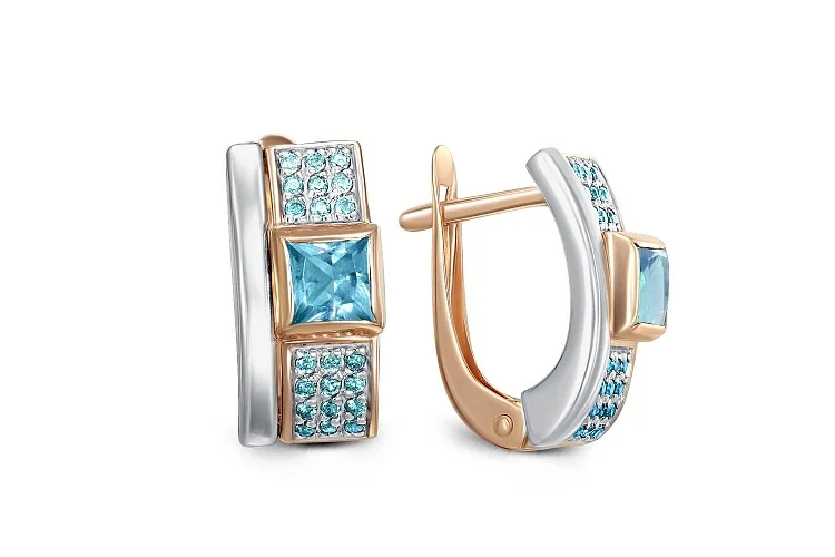 Серьги из красного золота с 2 топазами swiss и 42 фианитами