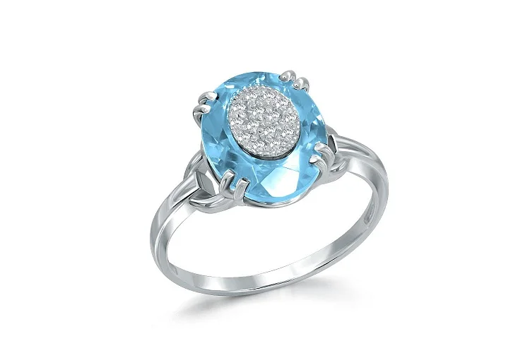 Кольцо из белого золота с топазом swiss и 14 бриллиантами