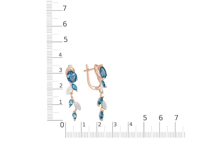 Серьги Веточки из красного золота с 2 топазами лондон и 18 фианитами