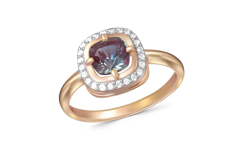 Кольцо из красного золота с александритом и 24 фианитами
