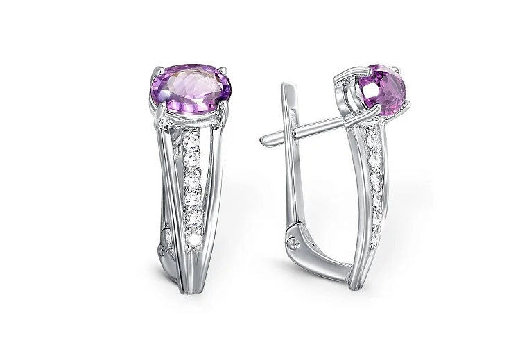 Серьги из белого золота с 2 аметистами и 12 фианитами