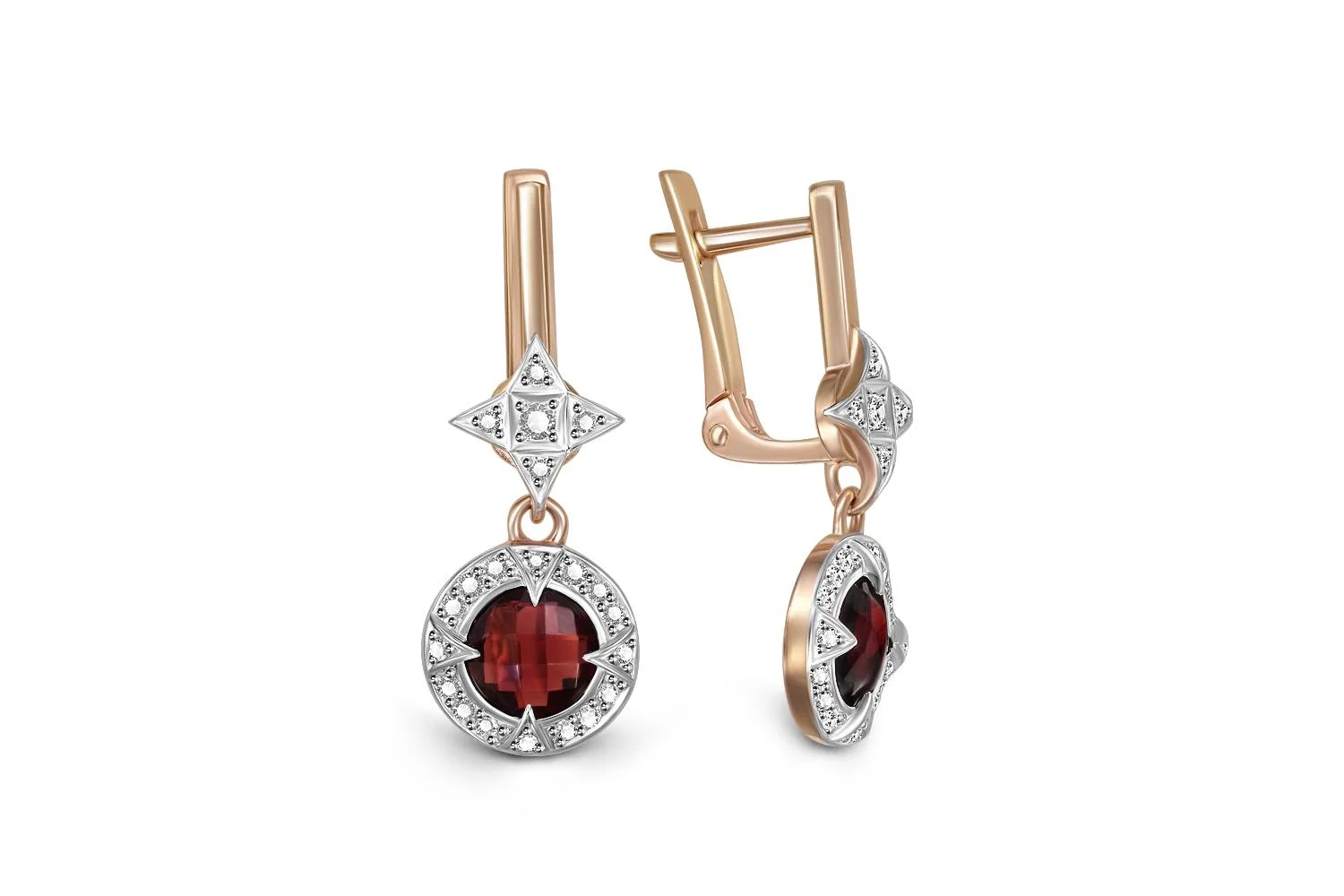 Серьги из красного золота с 2 гранатами и 42 фианитами