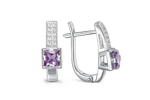 Серьги из белого золота с 2 аметистами и 20 фианитами