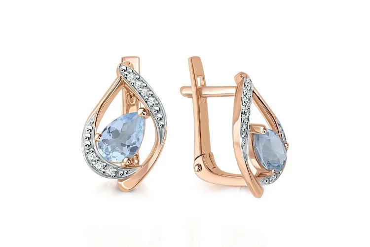 Серьги из красного золота с 2 топазами sky и 14 фианитами