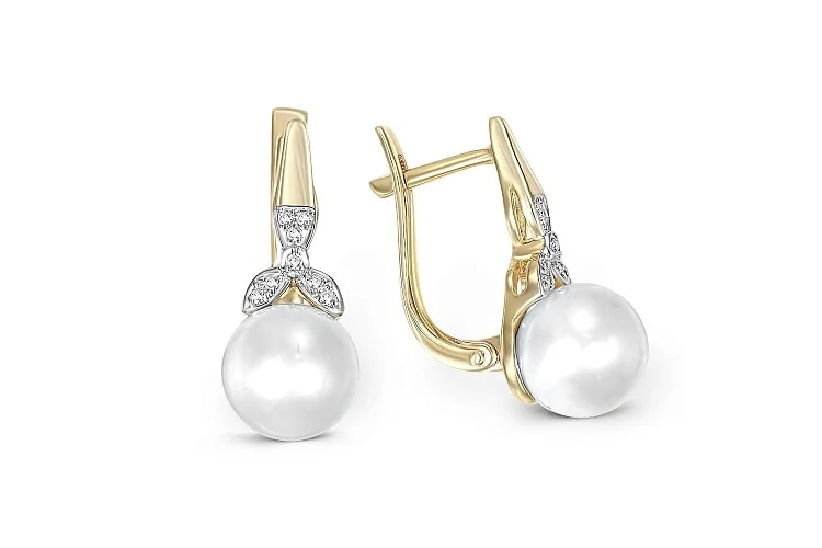 Серьги из жёлтого золота с 2 жемчужинами и 16 бриллиантами