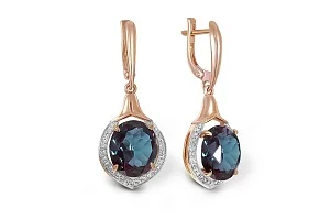 Серьги из красного золота с 2 александритами и 54 фианитами