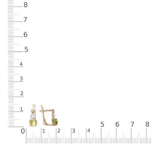 Серьги из красного золота с 2 хризолитами и 12 фианитами