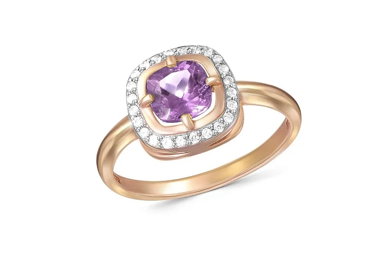 Кольцо из красного золота с аметистом и 24 фианитами