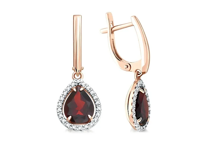Серьги из красного золота с 2 гранатами и 44 фианитами
