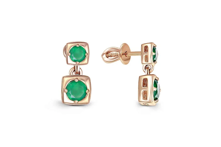 Серьги-пусеты Квадраты из красного золота с 4 агатами