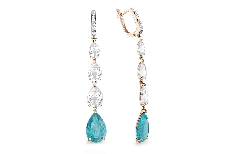 Серьги из красного золота с 8 наноситалами и 14 фианитами