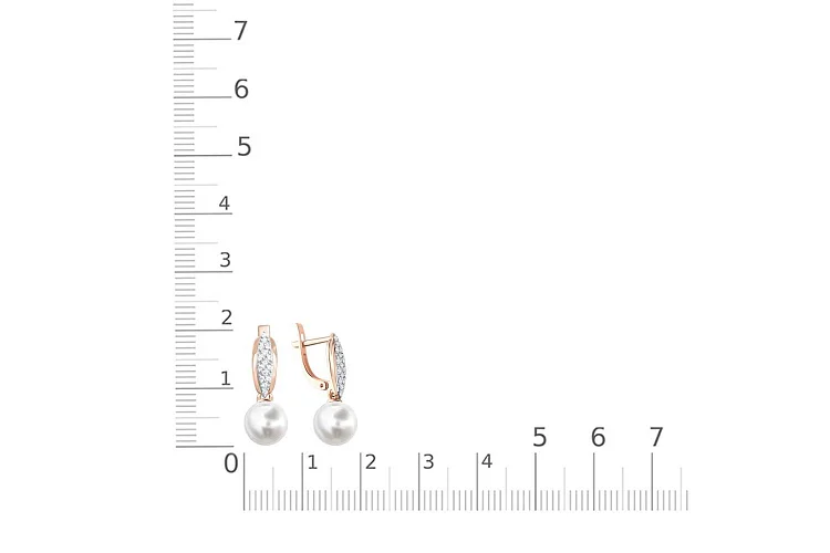 Серьги из красного золота с 2 жемчужинами и 30 фианитами