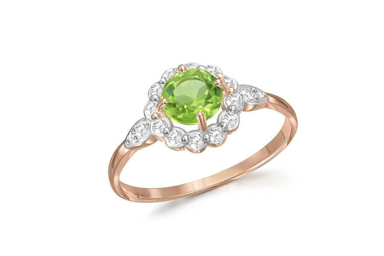 Кольцо Цветок из красного золота с хризолитом и 16 фианитами