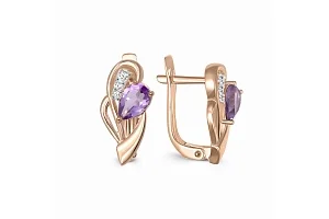 Серьги из красного золота с 2 аметистами и 6 фианитами