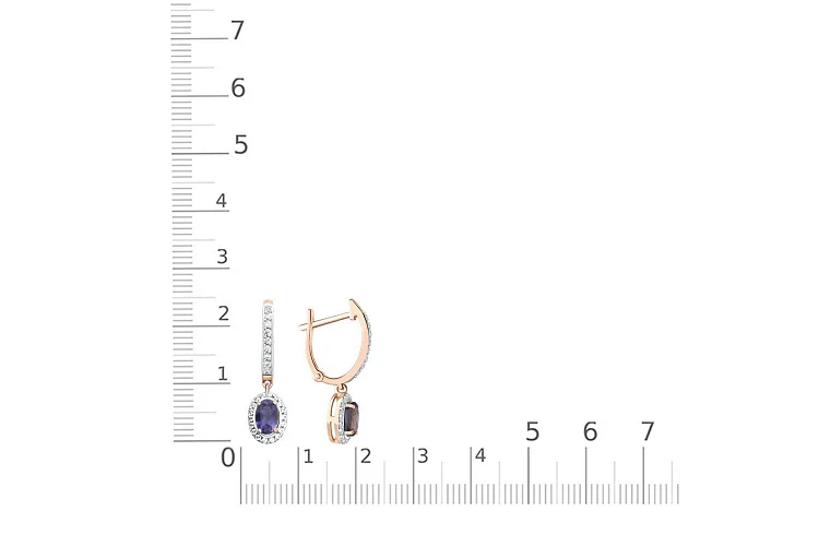 Серьги из красного золота с 2 иолитами и 54 фианитами