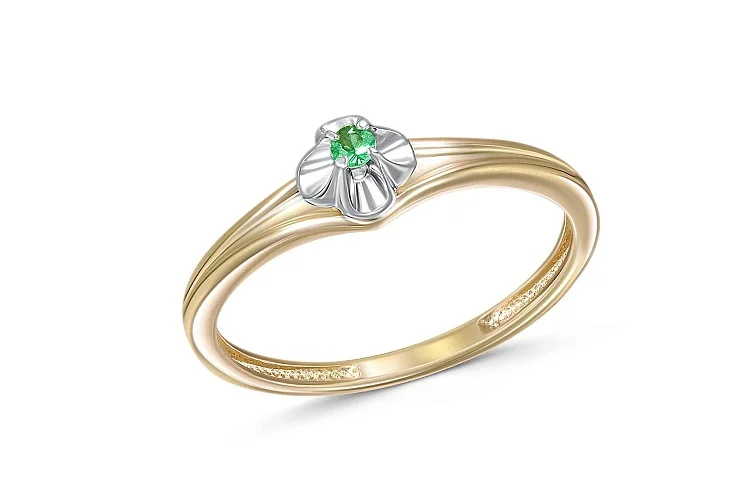 Кольцо Цветок из жёлтого золота с изумрудом