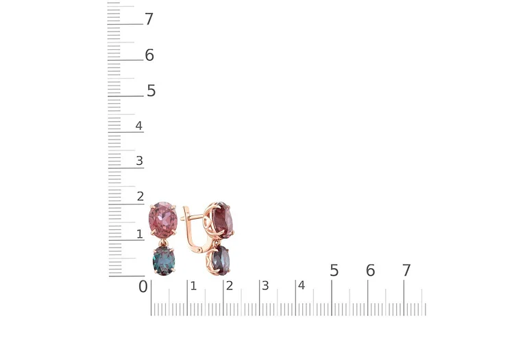 Серьги из красного золота с 2 кварцами и 2 александритами